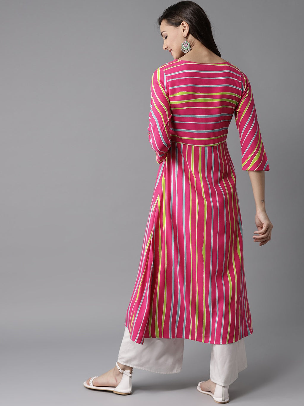 HERE&NOW Women Stripes & Tie-Up A-Line Viscose Kurta | Grocsy