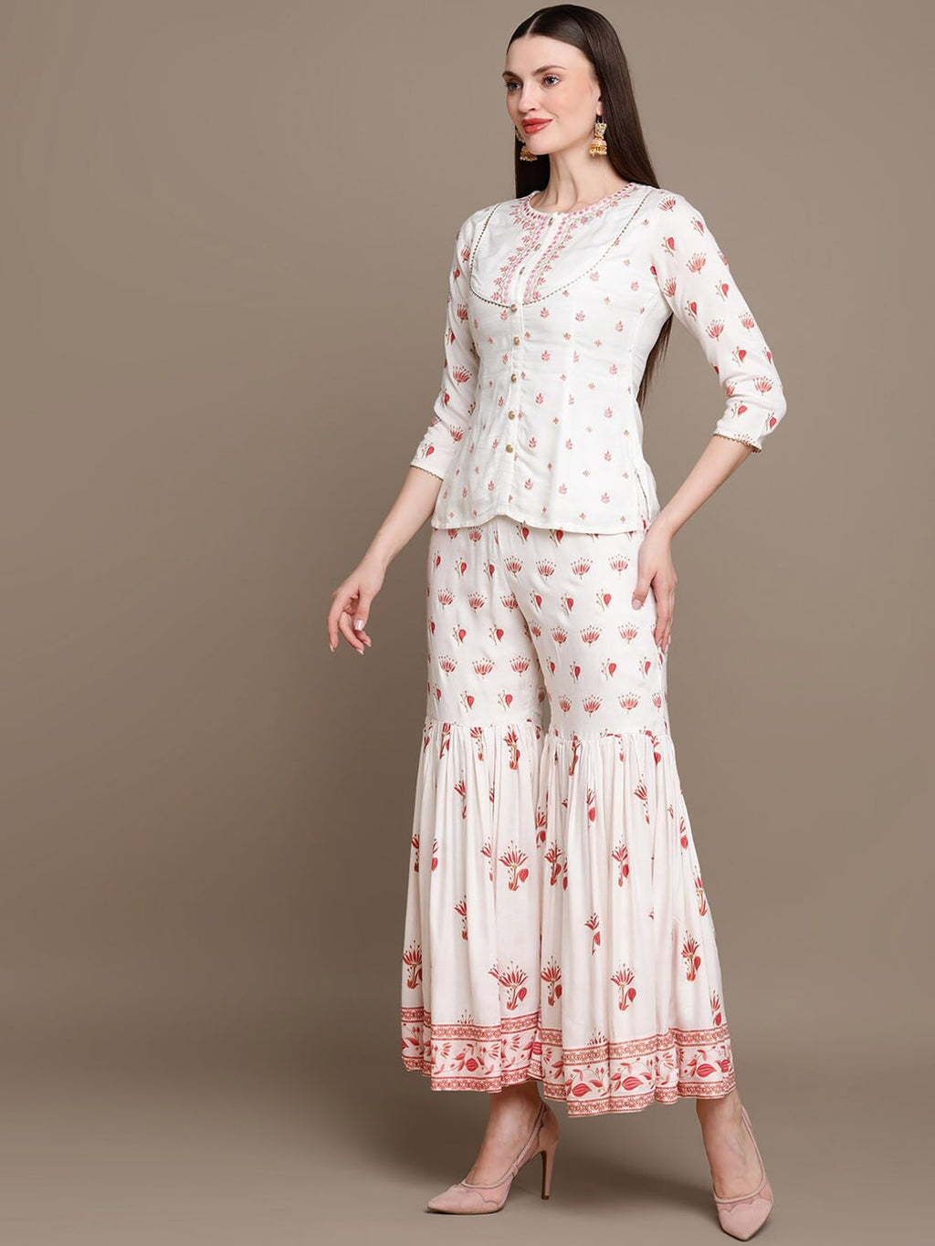 HERE&NOW Floral Embroidered Top with Sharara & Dupatta | Grocsy