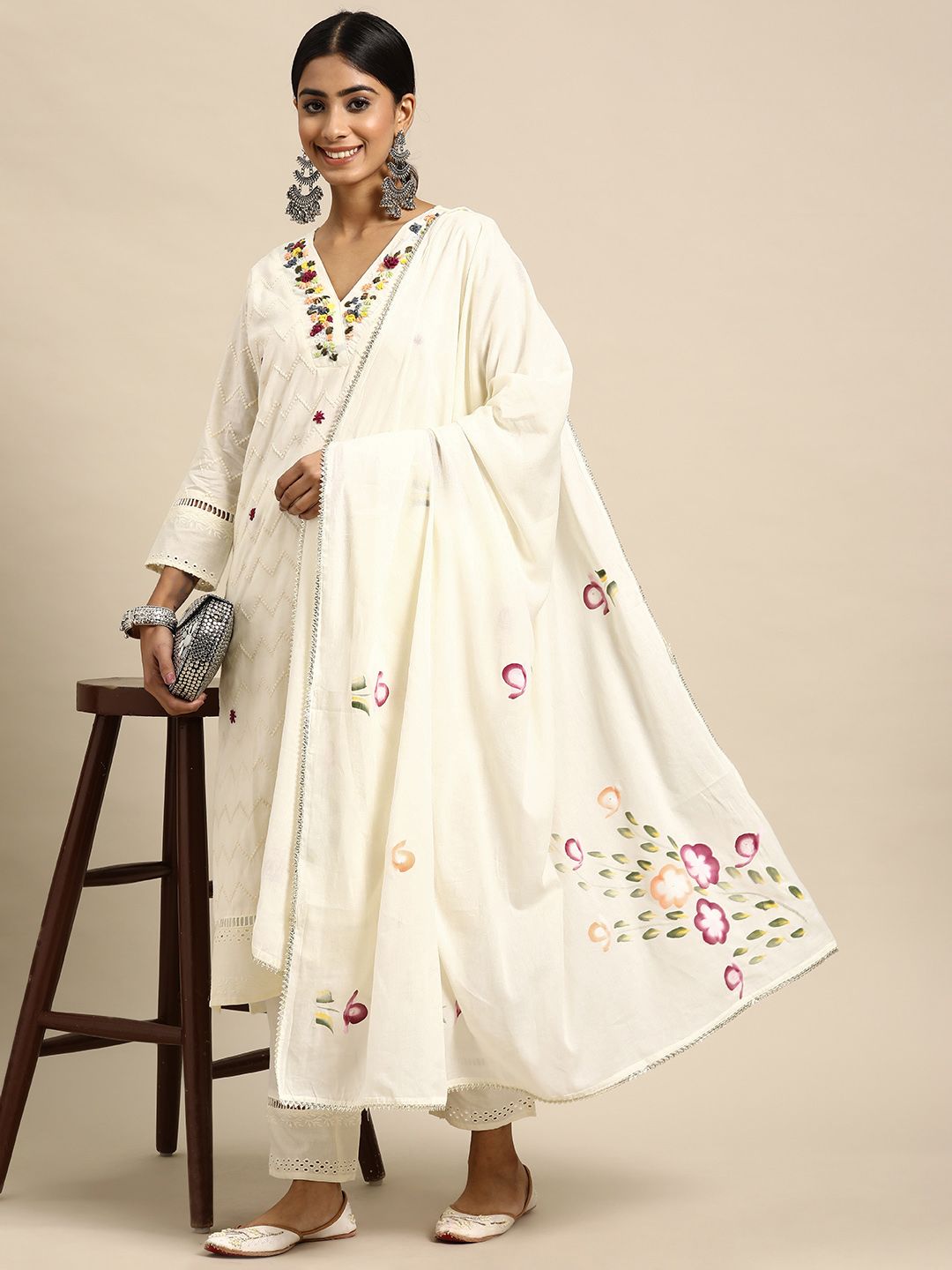 Sangria Women Embroidered Thread Work Pure Cotton Kurta with Trousers & With Dupatta | Grocsy