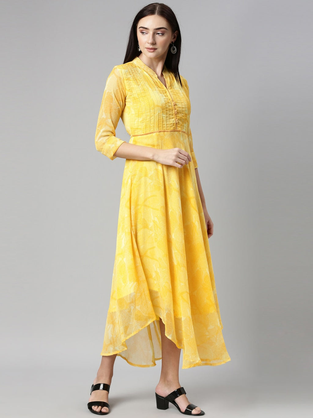 Souchii Yellow Floral Chiffon Midi Dress | Grocsy