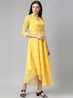 Souchii Yellow Floral Chiffon Midi Dress | Grocsy
