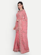 kasee Pink & Green Floral Sequinned Pure Chiffon Saree | Grocsy