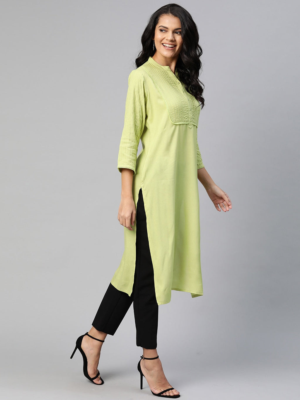 HERE&NOW Women Green Pintuck Yoke Design Straight Kurta | Grocsy