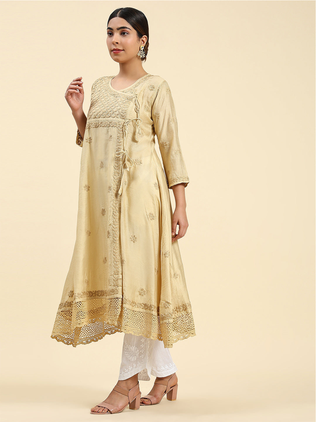 HOUSE OF KARI Embroidered Chikankari Chanderi Silk Anarkali Kurta | Grocsy