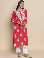 HOUSE OF KARI Floral Chikankari Embroidered Notched Round Neck Straight Kurta | Grocsy