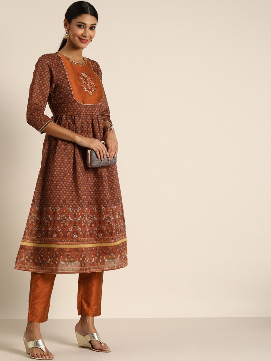 All About You Women Rust Floral Printed Empire Kurta with Trousers | Grocsy