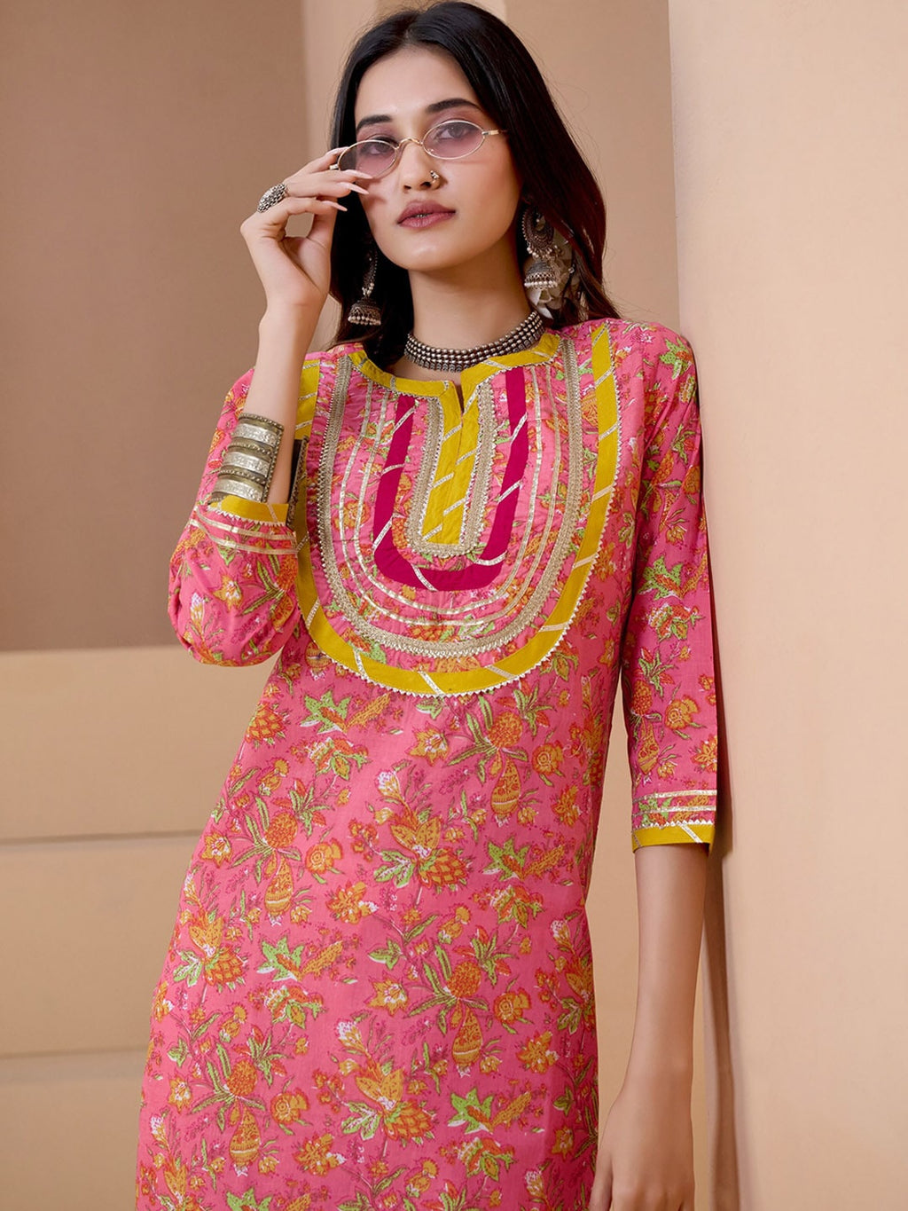 Sangria Floral Printed With Gota Patti Work Pure Cotton Straight Kurta | Grocsy