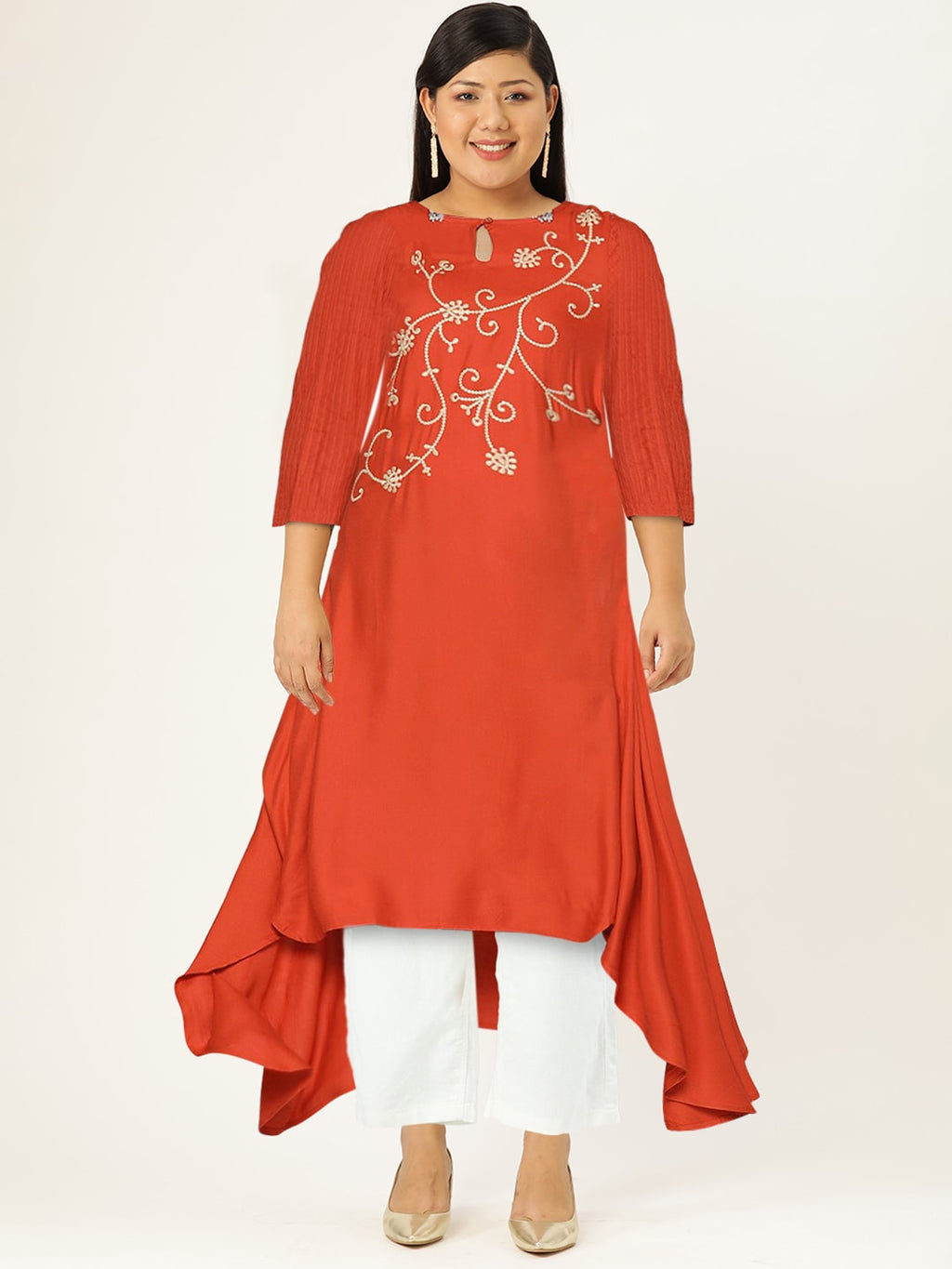 HERE&NOW Mirror Work Embroidered Keyhole Neck Asymmetric Dipped Hem Kurta | Grocsy