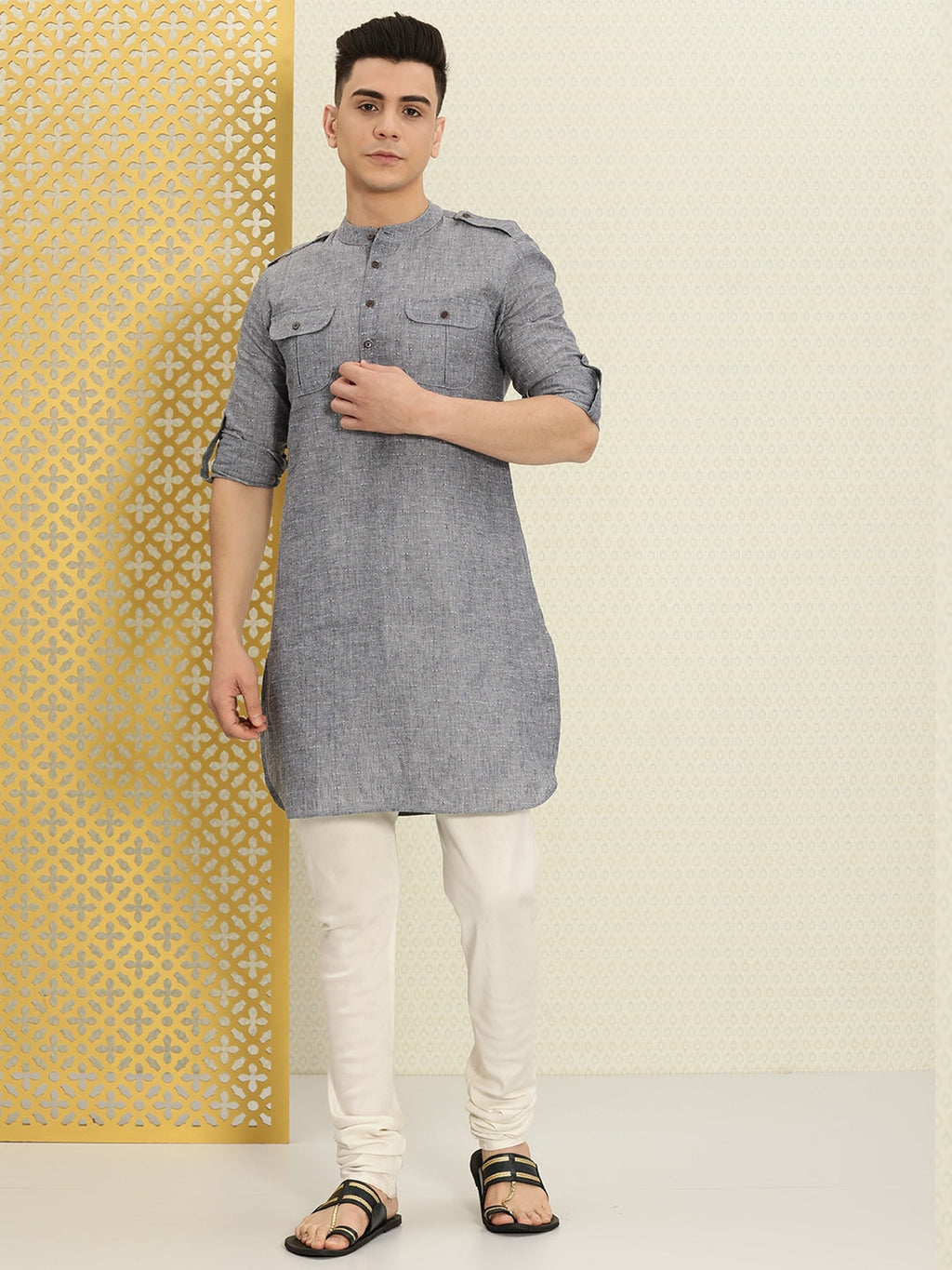 House of Pataudi Men Grey Solid Roll Up Sleeved Pathani Kurta | Grocsy