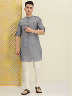 House of Pataudi Men Grey Solid Roll Up Sleeved Pathani Kurta | Grocsy