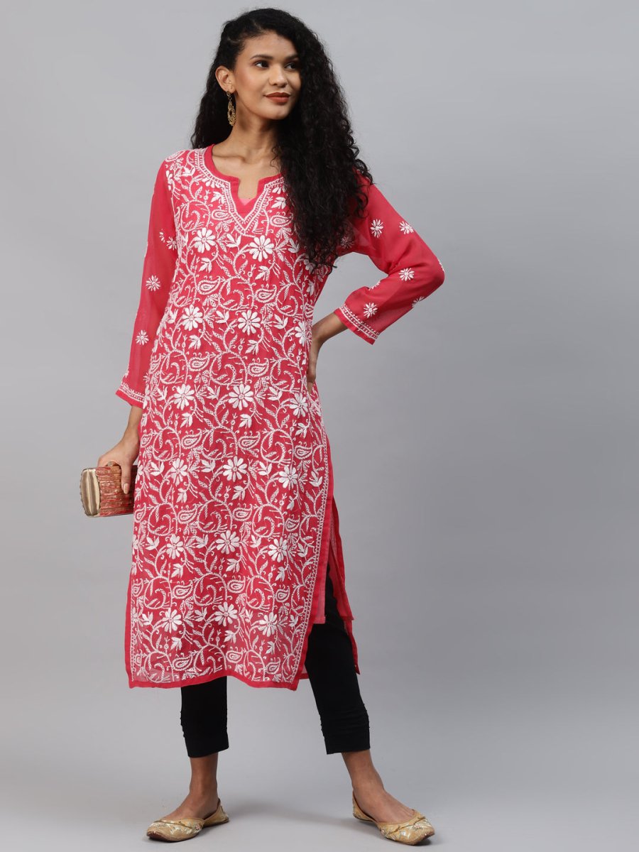 ADA Women Carrot Pink & White Floral Hand Embroidered Chikankari Handloom Kurta & Matching slip | Grocsy