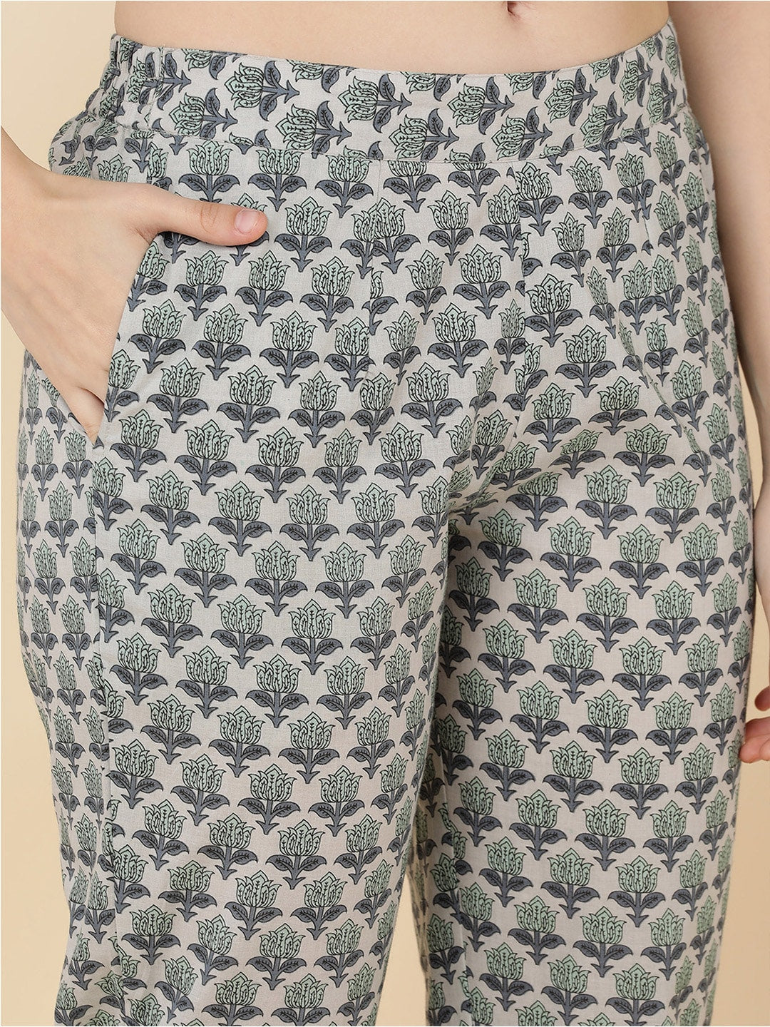 HERE&NOW Women Grey & Olive Green Embroidered Angrakha Kurta with Trousers & With Dupatta | Grocsy