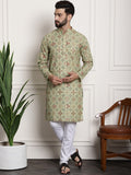 Sojanya Men Green Printed Cotton Linen Kurta with Churidar | Grocsy