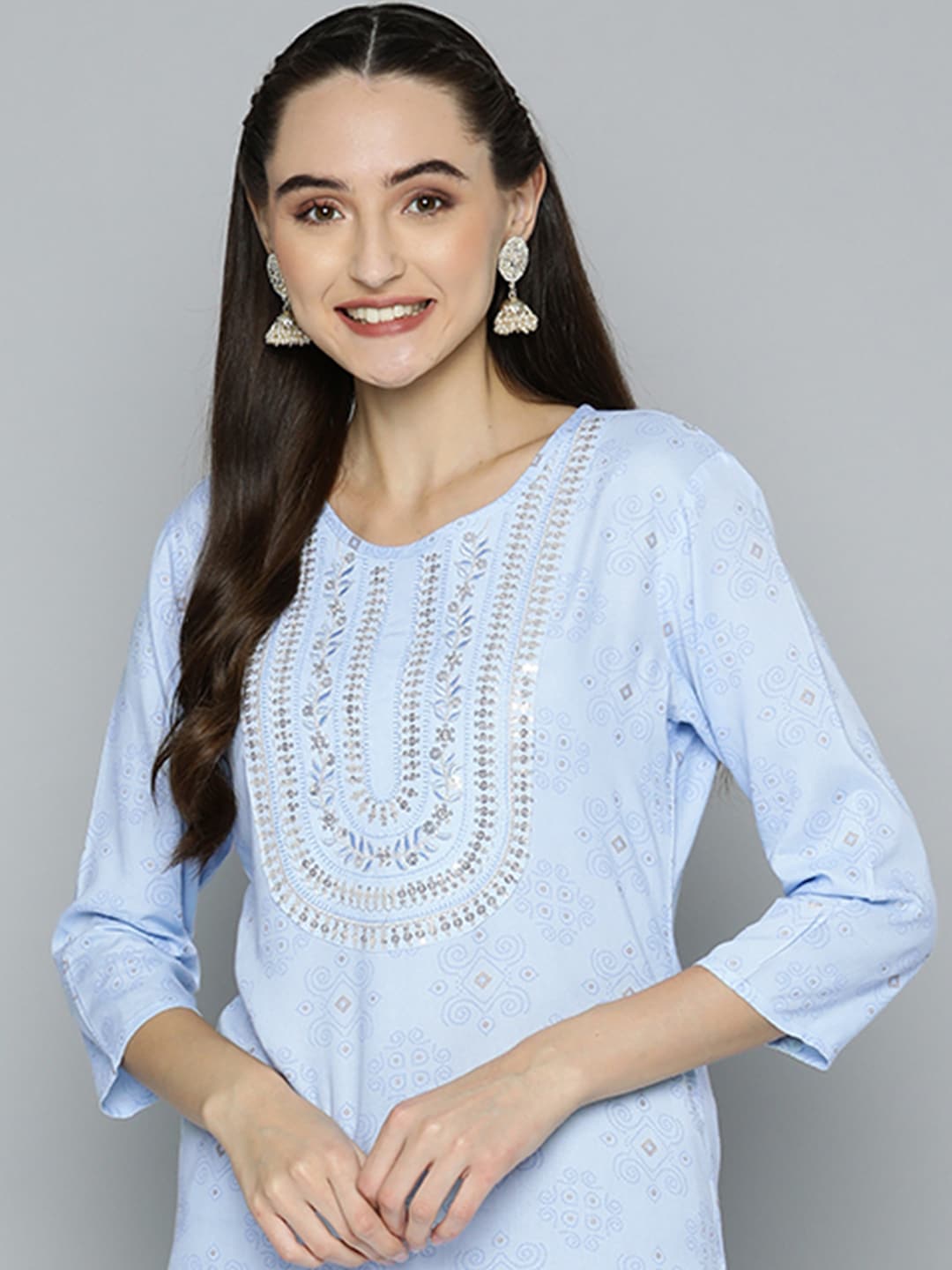 HERE&NOW Women Blue Ethnic Motifs Printed Embroidered Sequin Detail Kurta | Grocsy