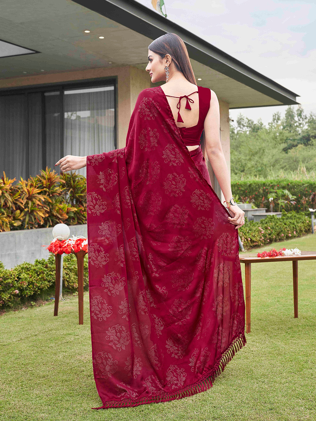 Tikhi Imli Embellished Half and half Satin Saree With Tassels | Grocsy