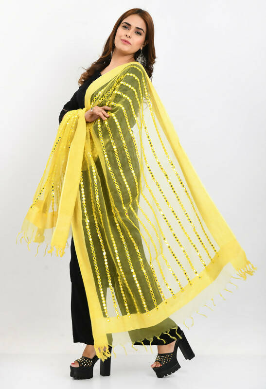Mominos Fashion Moeza Women's Orgenza Mirror Stripe Thread Work Lemon Yellow Dupatta | Grocsy