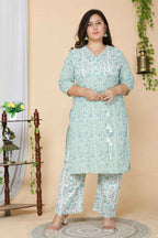 Miravan Women's Plus Size Green Floral Printed Cotton Kurta With Palazzo Set | Grocsy