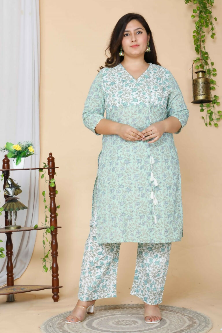 Miravan Women's Plus Size Green Floral Printed Cotton Kurta With Palazzo Set | Grocsy