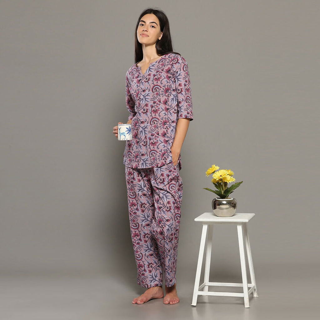 Breathables Women Cotton Printed Loungewear Kurta And Pants Co-Ord Set Pink I Night Wear | Floral Print | Grocsy