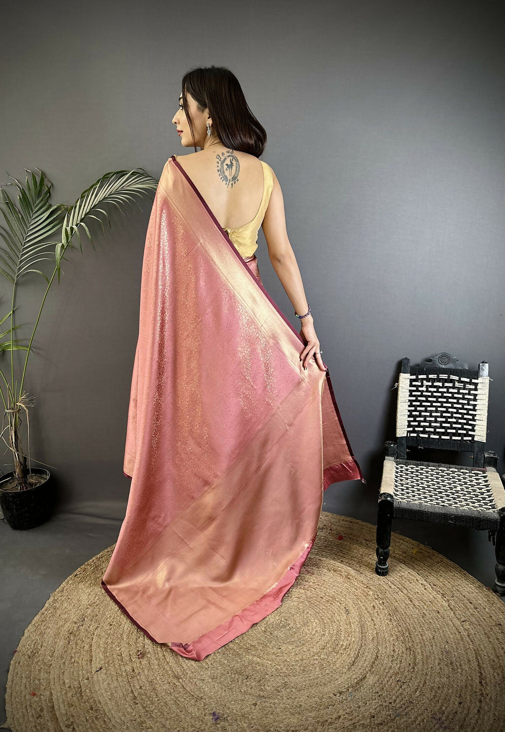 Joban Fashion Dusty Pink Floral Motifs & Ethnic Design Soft Satin Silk Kanchipuram Saree | Grocsy