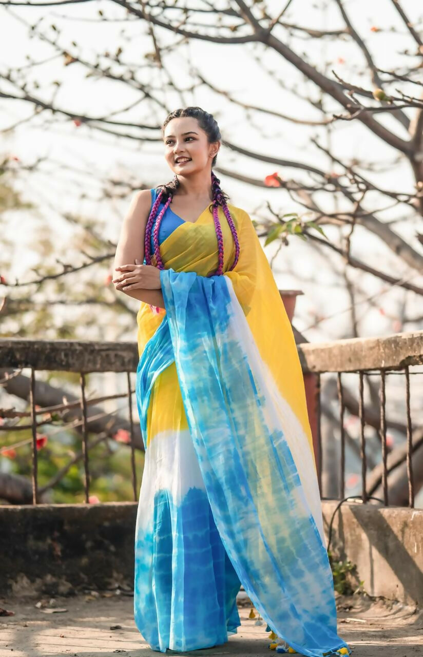 Exclusive Collection Yellow Blue Beautiful Super Soft Most Comfortable Pure Mul Cotton Saree | Grocsy