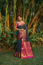 Jyoti Fashion Women's Navy Blue Kanjivaram Silk Zari Woven Saree with Blouse | Grocsy