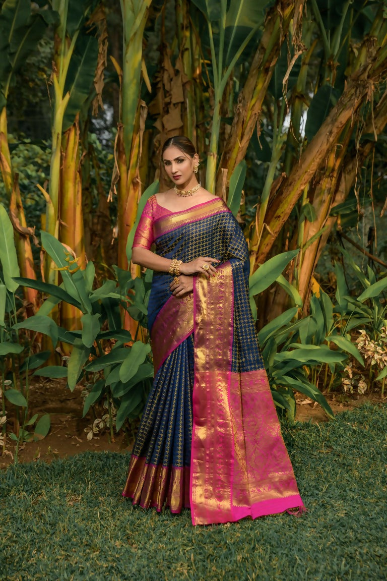 Jyoti Fashion Women's Navy Blue Kanjivaram Silk Zari Woven Saree with Blouse | Grocsy