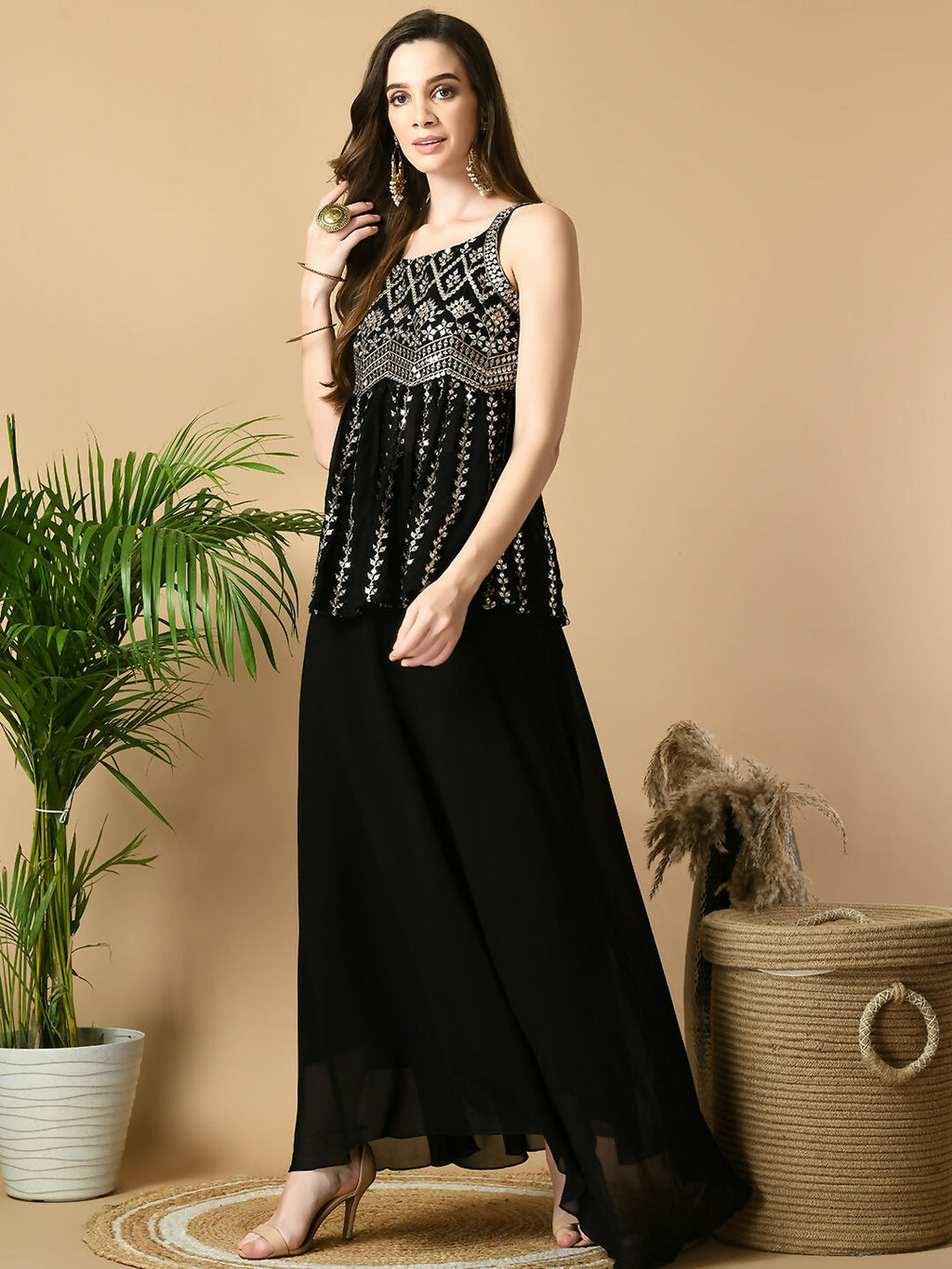 Myshka Women's Black Georgette Top With Skirt Party Sets | Grocsy