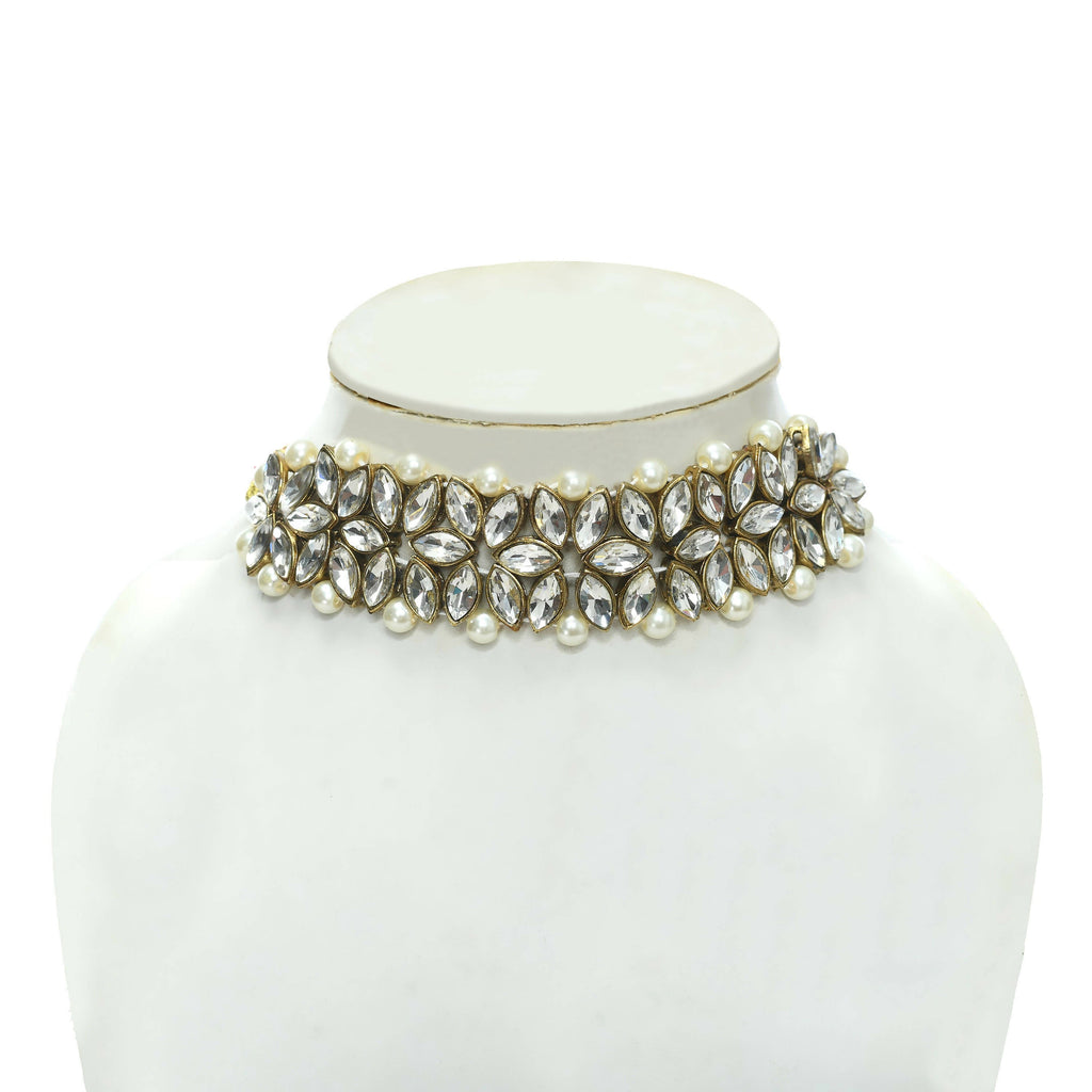 Mominos Fashion Johar Kamal Gold-Polished Rani Haar with White and Off white Pearls Jewellery Set