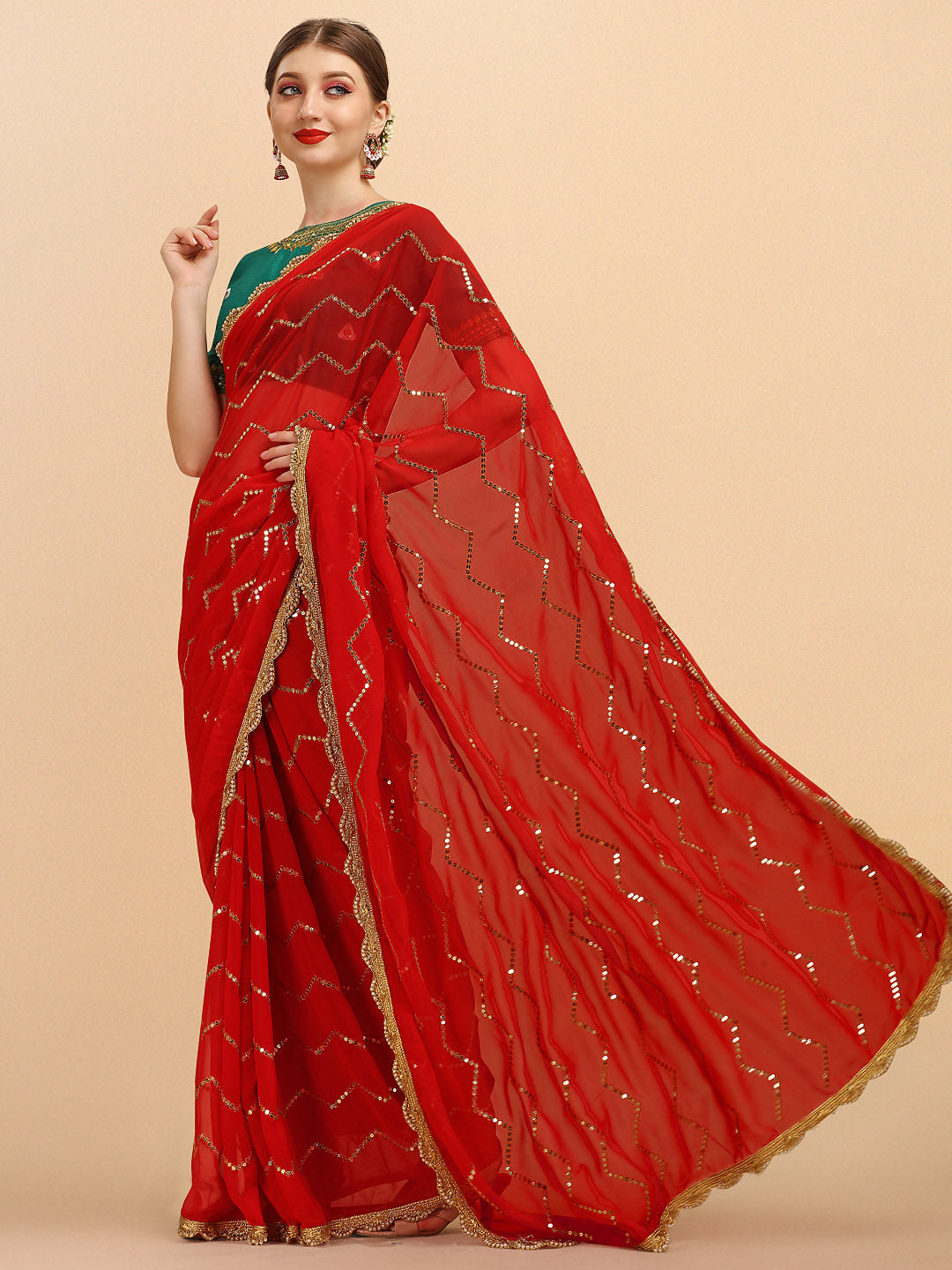 Sangria Red Embellished Sequinned Pure Georgette Saree | Grocsy
