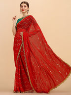 Sangria Red Embellished Sequinned Pure Georgette Saree | Grocsy