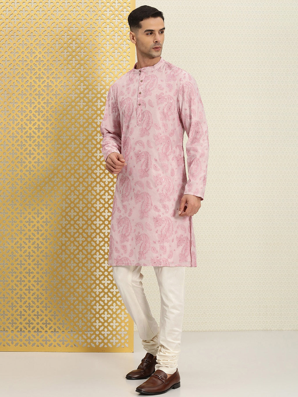 House of Pataudi Men Paisley Embroidered Sequinned Thread Work Jashn Kurta with Churidar | Grocsy