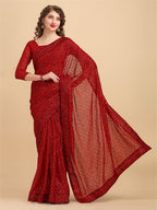 Sangria Maroon Embellished Sequinned Pure Georgette Saree | Grocsy
