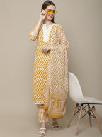 Sangria Women Yellow Printed Pure Cotton Kurti with Trousers & Dupatta Set | Grocsy