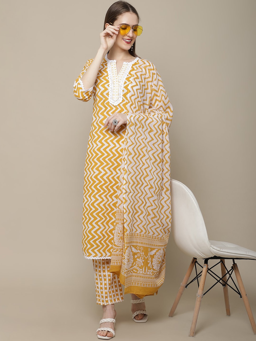 Sangria Women Yellow Printed Pure Cotton Kurti with Trousers & Dupatta Set | Grocsy