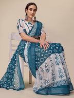 Sangria Teal & White Floral Printed Pure Linen Saree | Grocsy