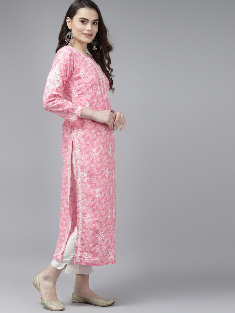 ADA Women Pink & White Floral Chikankari Cotton Handloom Kurta | Grocsy