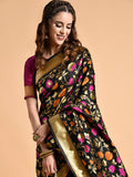 Sangria Black & Pink Floral Zari Silk Blend Banarasi Saree | Grocsy