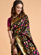 Sangria Black & Pink Floral Zari Silk Blend Banarasi Saree | Grocsy