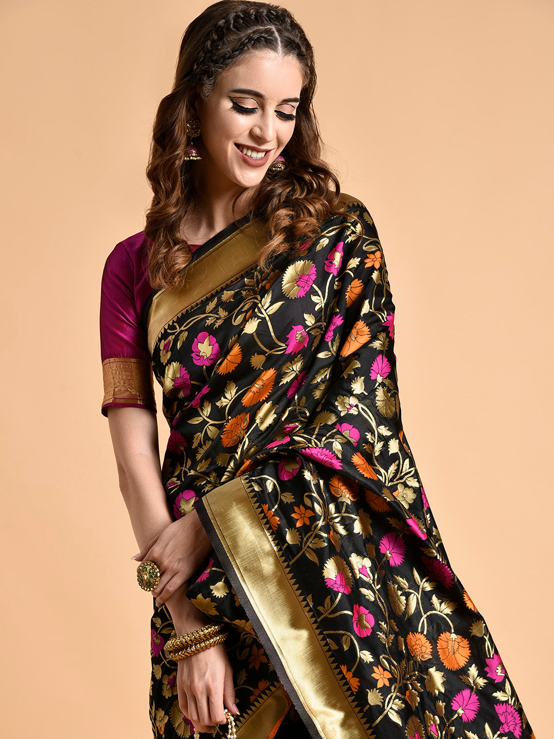 Sangria Black & Pink Floral Zari Silk Blend Banarasi Saree | Grocsy