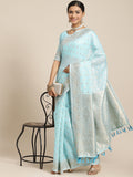 Saree Mall Blue & Silver-Toned Floral Zari Silk Cotton Sambalpuri Saree | Grocsy