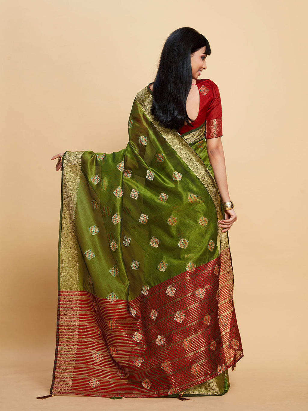 Sangria Green Ethnic Motifs Woven Design Zari Organza Saree | Grocsy