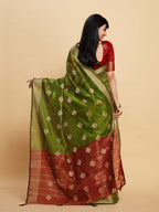 Sangria Green Ethnic Motifs Woven Design Zari Organza Saree | Grocsy
