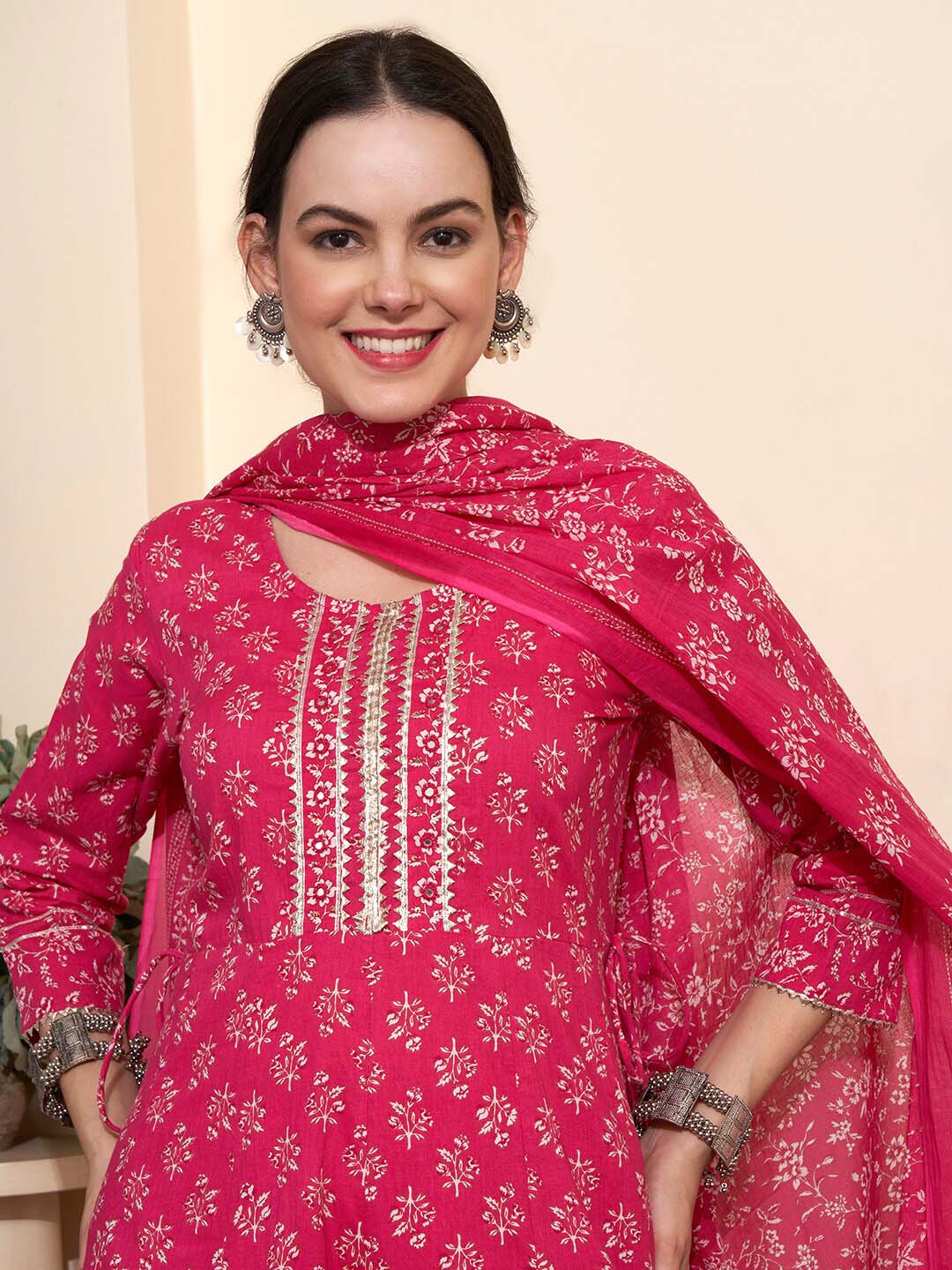 Sangria Printed & Embroidered Pure Cotton A-Line Kurta With Trouser & Dupatta | Grocsy