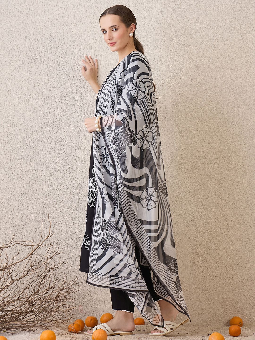 Indo Era Floral Embroidered Round Neck Sequinned Linen Kurta With Trousers & Dupatta | Grocsy