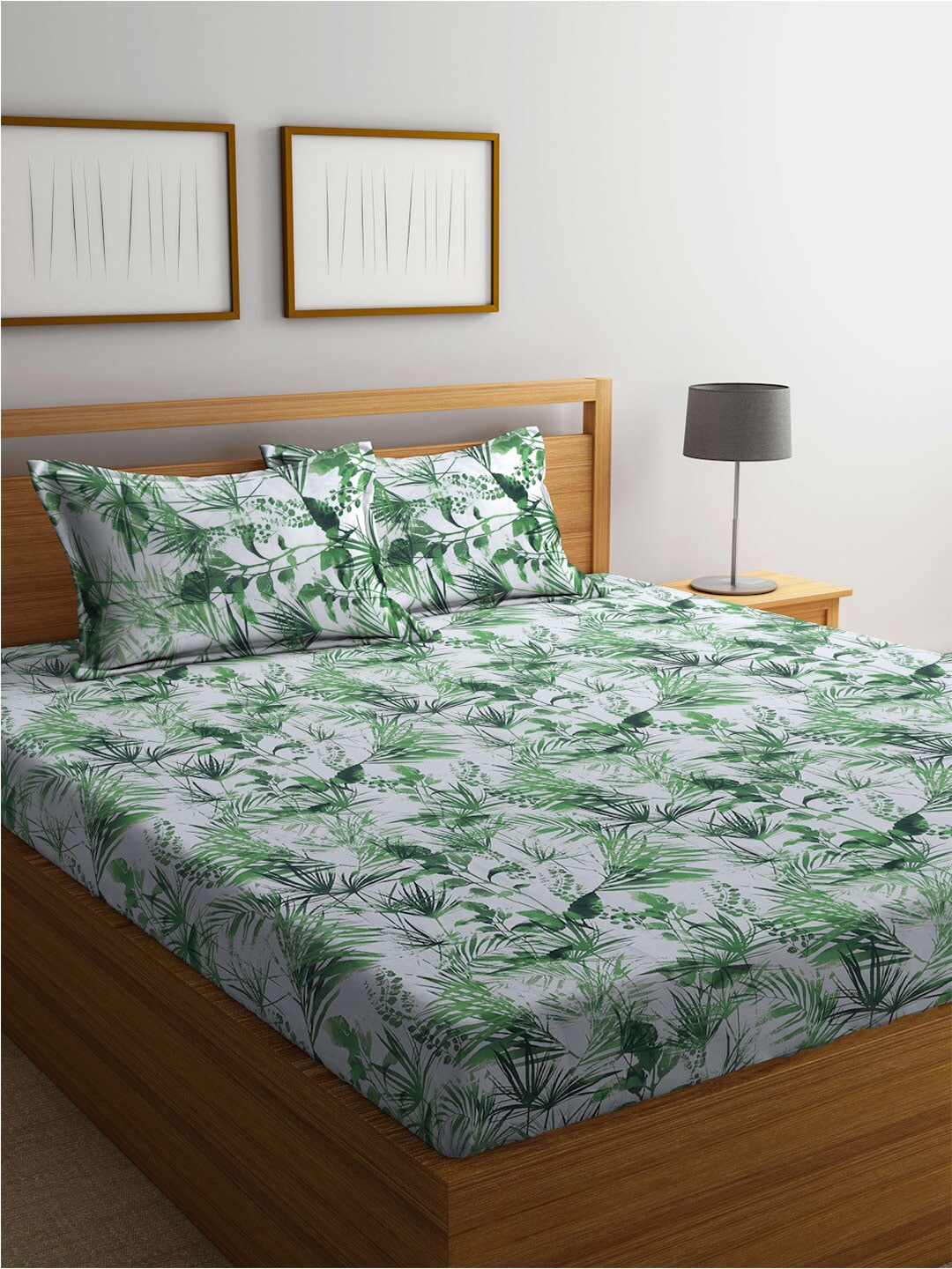 BOMBAY DYEING Serenita Green Printed Cotton 144 TC King Bedsheet with 2 Pillow Covers | Grocsy