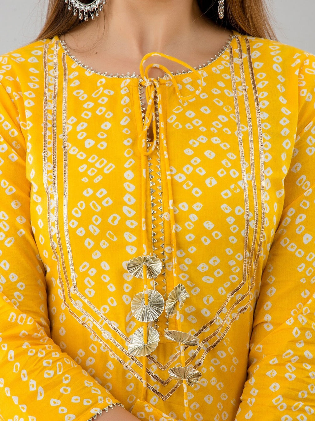 HERE&NOW Yellow & White Bandhani Printed Gotta Patti Kurta with Sharara | Grocsy