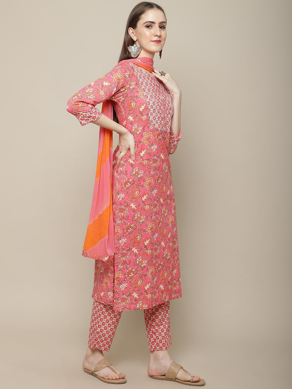 Sangria Women Pink Floral Printed Pure Cotton Kurta with Trouser & Dupatta | Grocsy