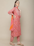 Sangria Women Pink Floral Printed Pure Cotton Kurta with Trouser & Dupatta | Grocsy