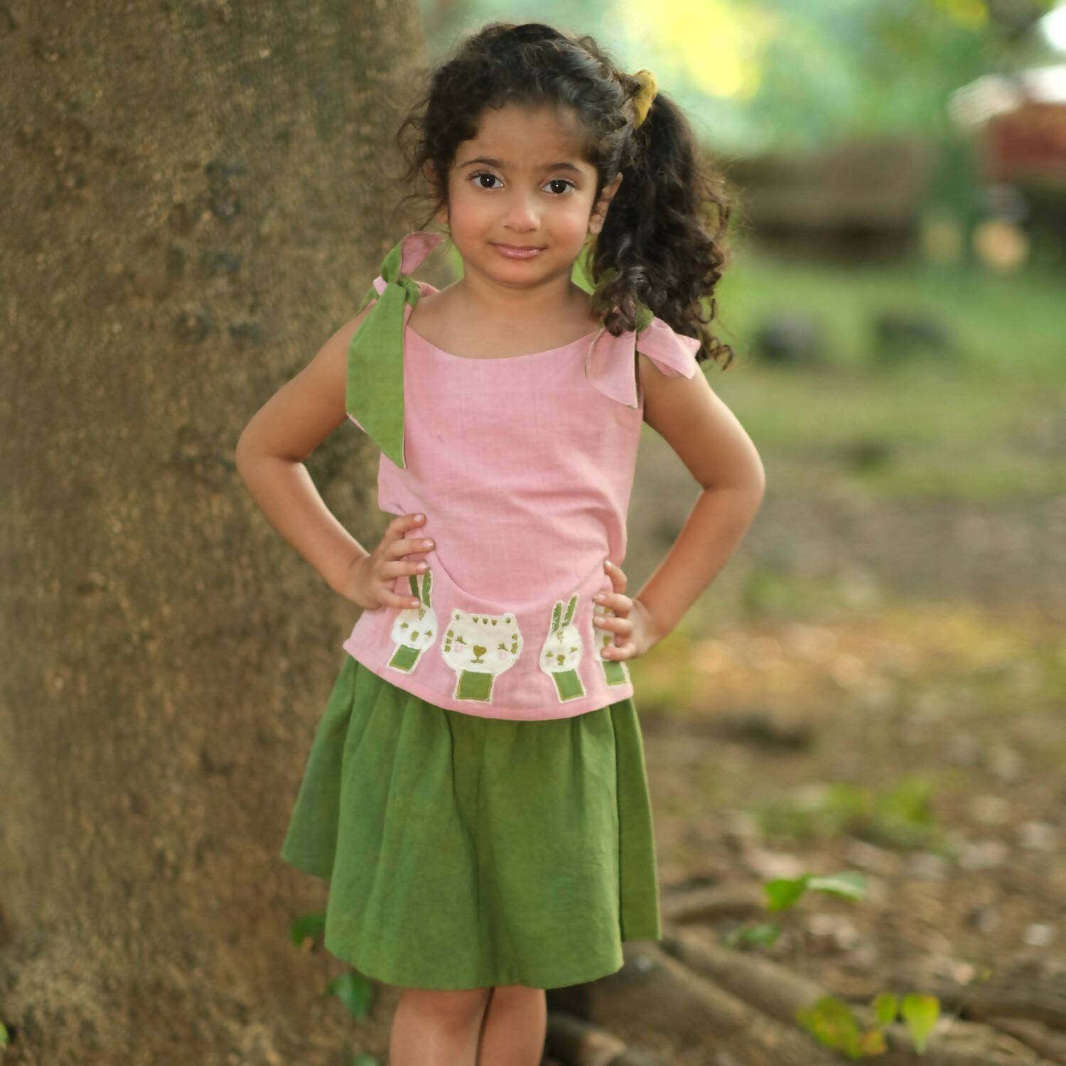 Mhyssa Pink Tie up Round Neck Patch Tee with Circular Skirt Set | Grocsy